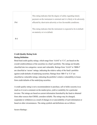 P-4
P-5
This rating indicates that the degree of safety regarding timely
payment on the instrument is minimal and it is likely to be adversely
affected by short-term adversity or less favourable conditions.
This rating indicates that the instrument is expected to be in default
on maturity or is in default.
Credit Quality Rating Scale
Rating Definition
Bond fund credit quality ratings, which range from ‘AAAf’ to ‘C-f’, are based on the
overall creditworthiness of the securities in a fund’s portfolio. The ratings are broadly
classified into two categories: secure and vulnerable. Ratings from ‘AAAf’ to ‘BBB-f’
are classified as ‘secure’ ratings, indicating the relative safety of the fund’s portfolio
against credit defaults of underlying securities. Ratings from ‘BB+f’ to ‘C-f’ are
classified as vulnerable ratings, indicating the portfolio’s relative vulnerability to losses
from credit defaults of the underlying securities.
A credit quality rating is not a recommendation to purchase, sell or hold a security in as
much as it is not a comment on the market price, yield or suitability for a particular
investor. The ratings are based on current information furnished by the fund or obtained
from other sources that CRISIL considers reliable. The ratings may be changed,
suspended or withdrawn as a result of changes in or unavailability of such information or
based on other circumstances. The rating symbols and definitions are as follows:
Secure Ratings:
 