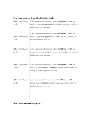 Fund Governance and Process Quality Ratings Scale:
CRISIL Fund House
Level-1
CRISIL Fund House
Level-2
CRISIL Fund House
Level-3
CRISIL Fund House
Level-4
CRISIL Fund House
Level-5
Asset Management Companies rated Fund House Level 1 are
judged to possess Highest governance levels and process quality in
fund management practices
Asset Management Companies rated Fund House Level 2 are
judged to possess High governance levels and process quality in
fund management practices.
Asset Management Companies rated Fund House Level 3 are
judged to possess Average governance levels and process quality in
fund management practices
Asset Management Companies rated Fund House Level 4 are
judged to possess Below Average governance levels and process
quality in fund management practices.
Asset Management Companies rated Fund House Level 5 are
judged to possess Poor governance levels and process quality in
fund management practices
Bond Fund Portfolios Rating Scales:
 