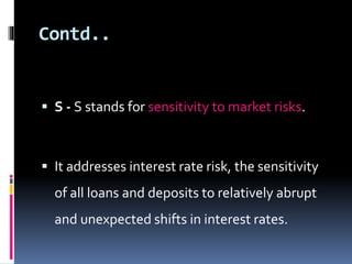 Contd.. 
 S - S stands for sensitivity to market risks. 
 It addresses interest rate risk, the sensitivity 
of all loans and deposits to relatively abrupt 
and unexpected shifts in interest rates. 
 
