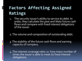 Factors Affecting Assigned 
Ratings 
1. The security issuer’s ability to service its debt. In 
order, they calculate the past and likely future cash 
flows and compare with fixed interest obligations 
of the issuer. 
2. The volume and composition of outstanding debt. 
3. The stability of the future cash flows and earning 
capacity of company. 
4. The interest coverage ratio i.e. how many number of 
times the issuer is able to meet its fixed interest 
obligations. 
 