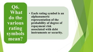 • Each rating symbol is an 
alphanumeric 
representation of the 
probability of degree of 
repayment risk 
associated with debt 
instruments or security. 
Q6. 
What 
do the 
various 
rating 
symbols 
mean? 
 