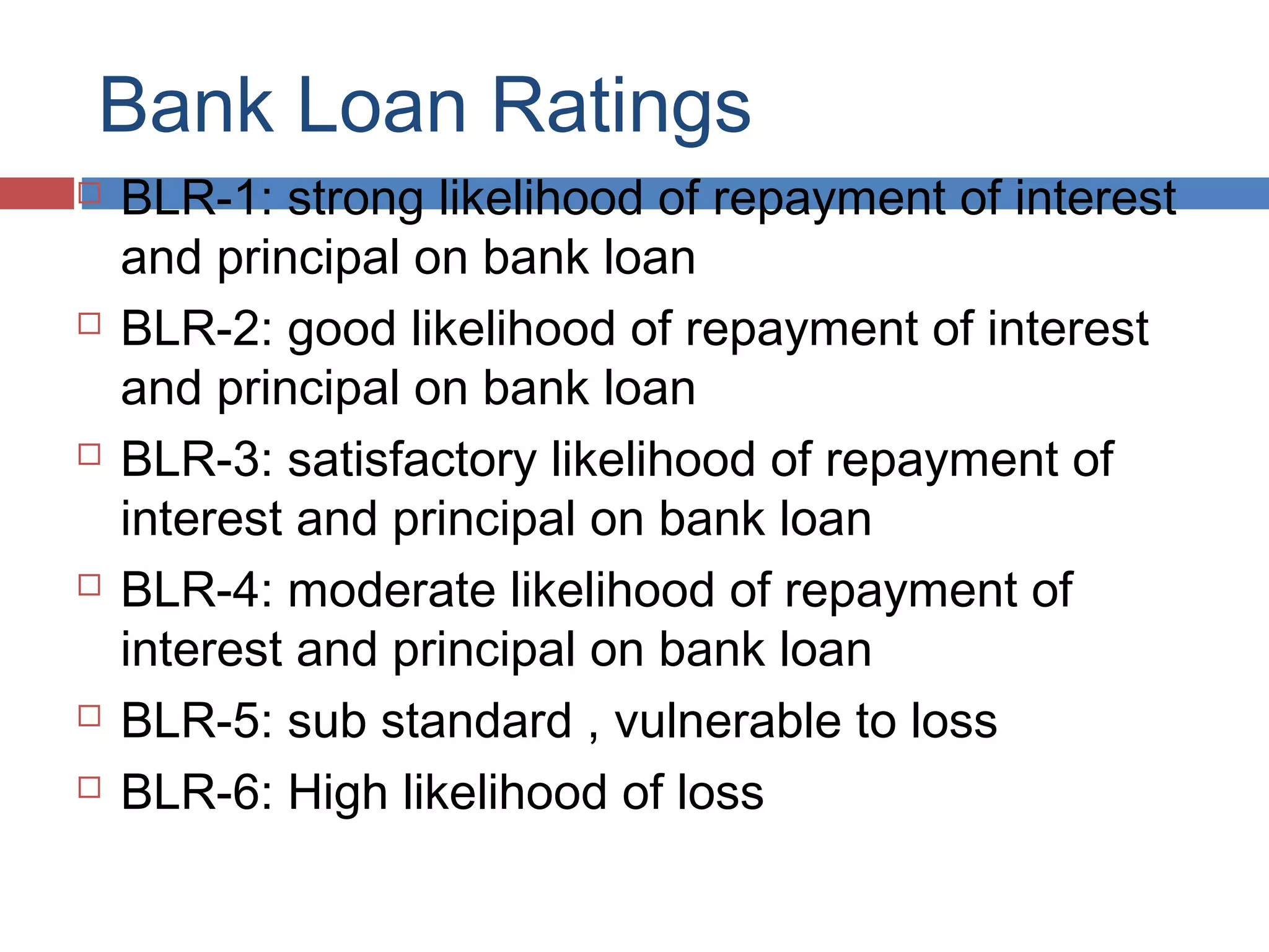 Bank Loan Ratings
 BLR-1: strong likelihood of repayment of interest
and principal on bank loan
 BLR-2: good likelihood of repayment of interest
and principal on bank loan
 BLR-3: satisfactory likelihood of repayment of
interest and principal on bank loan
 BLR-4: moderate likelihood of repayment of
interest and principal on bank loan
 BLR-5: sub standard , vulnerable to loss
 BLR-6: High likelihood of loss
 