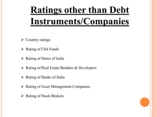 Ratings other than Debt
Instruments/Companies
 Country ratings
 Rating of Chit Funds
 Rating of States of India
 Rating of Real Estate Builders & Developers
 Rating of Banks of India
 Rating of Asset Management Companies
 Rating of Stock Brokers
 