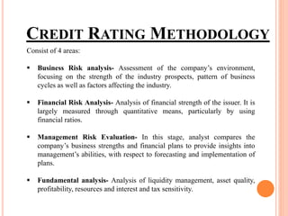 CREDIT RATING METHODOLOGY
Consist of 4 areas:
 Business Risk analysis- Assessment of the company’s environment,
focusing on the strength of the industry prospects, pattern of business
cycles as well as factors affecting the industry.
 Financial Risk Analysis- Analysis of financial strength of the issuer. It is
largely measured through quantitative means, particularly by using
financial ratios.
 Management Risk Evaluation- In this stage, analyst compares the
company’s business strengths and financial plans to provide insights into
management’s abilities, with respect to forecasting and implementation of
plans.
 Fundamental analysis- Analysis of liquidity management, asset quality,
profitability, resources and interest and tax sensitivity.
 
