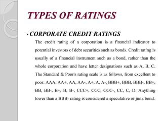 • CORPORATE CREDIT RATINGS
The credit rating of a corporation is a financial indicator to
potential investors of debt securities such as bonds. Credit rating is
usually of a financial instrument such as a bond, rather than the
whole corporation and have letter designations such as A, B, C.
The Standard & Poor's rating scale is as follows, from excellent to
poor: AAA, AA+, AA, AA-, A+, A, A-, BBB+, BBB, BBB-, BB+,
BB, BB-, B+, B, B-, CCC+, CCC, CCC-, CC, C, D. Anything
lower than a BBB- rating is considered a speculative or junk bond.
TYPES OF RATINGS
 
