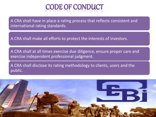 A CRA shall have in place a rating process that reflects consistent and
international rating standards.
A CRA shall make all efforts to protect the interests of investors.
A CRA shall at all times exercise due diligence, ensure proper care and
exercise independent professional judgment.
A CRA shall disclose its rating methodology to clients, users and the
public.
 