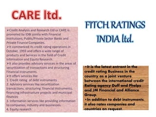 Credit Analysis and Research Ltd or CARE is
promoted by IDBI jointly with Financial
Institutions, Public/Private Sector Banks and
Private Finance Companies.
It commenced its credit rating operations in
October, 1993 and offers a wide range of
products and Services in the field of Credit
Information and Equity Research.
It also provides advisory services in the areas of
securitization of transactions and structuring
Financial Instruments.
It offers services like
1. Credit rating of debt instruments
2. Advisory services like securitization
transactions, structuring financial instruments,
financing infrastructure projects and municipal
finances
3. Information services like providing information
to companies, industry and businesses.
4. Equity research
•It is the latest entrant in the
credit rating Business in the
country as a joint venture
between the international credit
Rating agency Duff and Phelps
and JM Financial and Alliance
Group.
•In addition to debt instruments,
it also rates companies and
countries on request.
 