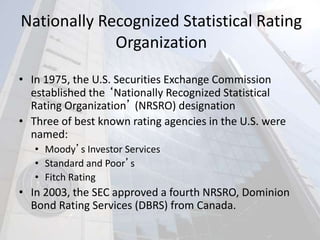 Nationally Recognized Statistical Rating
Organization
• In 1975, the U.S. Securities Exchange Commission
established the ‘Nationally Recognized Statistical
Rating Organization’ (NRSRO) designation
• Three of best known rating agencies in the U.S. were
named:
• Moody’s Investor Services
• Standard and Poor’s
• Fitch Rating
• In 2003, the SEC approved a fourth NRSRO, Dominion
Bond Rating Services (DBRS) from Canada.
 