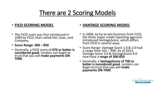 There are 2 Scoring Models
• FICO SCORING MODEL
• The FICO score was first introduced in
1989 by FICO, then called Fair, Isaac, and
Company.
• Score Range: 300 – 850
• Generally, a FICO score of 670 or better is
considered good. Lenders can begin to
trust that you will make payments ON
TIME
• VANTAGE SCORING MODEL
• In 2006, to try to win business from FICO,
the three major credit-reporting agencies
introduced VantageScore, which differs
from FICO in several ways.
• Score Range: Vantage Score 1.0 & 2.0 had
a range from 501 – 990. As of 2013,
Vantage Score 3.0 & VantageScore 4.0
now have a range of 300-850
• Generally, a VantageScore of 700 or
better is considered good. Lenders can
begin to trust that you will make
payments ON TIME
 