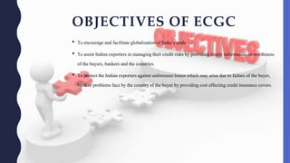 OBJECTIVES OF ECGC
• To encourage and facilitate globalizationof India’s trade
• To assist Indian exporters in managingtheir credit risks by providingtimely information onworthiness
of the buyers, bankers and the countries.
• To protect the Indian exportersagainst unforeseenlosses which may arise due to failure of the buyer,
bank or problems face by the countryof the buyer by providingcost effectingcredit insurance covers.
 