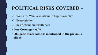 POLITICAL RISKS COVERED –
 War, Civil War, Revolutions in buyer’s country
 Expropriation
 Restrictions on remittances
• Loss Coverage – 90%
• Obligations are same as mentioned in the previous
slides
 