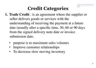1.  Trade Credit : is an agreement where the supplier or
seller delivers goods or services with the
understanding of receiving the payment at a future
date (usually after a speciﬁc time, 30, 60 or 90 days
from the signed delivery note date or invoice
submission date.
•  purpose is to maximum sales volumes
•  Improve customer relationships
•  To decrease slow moving inventory
Credit Categories
3	
 