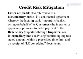 Letter of Credit: also referred to as a
documentary credit, is a contractual agreement
whereby the Issuing bank (importer’s bank),
acting on behalf of its Customer (the importer or
applicant), promises to make payment to the
Beneﬁciary (exporter) through Importer’s or
intermediary bank (advising/conﬁrming) up to a
stated amount, within a prescribed time limit and
on receipt of “LC complying” documents.
Credit Risk Mitigation
33	
 