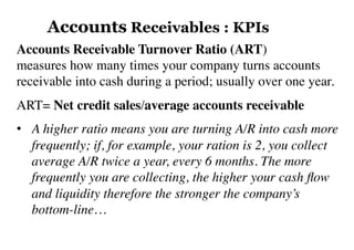 Accounts Receivable Turnover Ratio (ART)
measures how many times your company turns accounts
receivable into cash during a period; usually over one year.
ART= Net credit sales/average accounts receivable
•  A higher ratio means you are turning A/R into cash more
frequently; if, for example, your ration is 2, you collect
average A/R twice a year, every 6 months. The more
frequently you are collecting, the higher your cash ﬂow
and liquidity therefore the stronger the company’s
bottom-line…
Accounts Receivables : KPIs
 