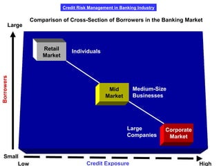Credit Risk Management in Banking Industry
Retail
Market
Mid
Market
Corporate
Market
Individuals
Medium-Size
Businesses
Large
Companies
Low High
Large
Credit Exposure
Borrowers
Small
Comparison of Cross-Section of Borrowers in the Banking Market
 