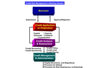 Credit Risk Management in Banking Industry
Borrower
Credit Application
or Origination
Credit Management
& Administration
Credit Analysis
& Assessment
Submission Approval/Rejection
•Capital * Capacity
•Character * Collateral
* Consideration
•Capital (Economic, and Regulatory)
•Provision for Default
•Provision for Risk Sharing (e.g. co-financing)
•Credit Policy
•Credit Limit
•Credit Pricing
*Credit Structuring
*Credit Sanctioning
 