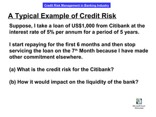 Credit Risk Management in Banking Industry
A Typical Example of Credit Risk
Suppose, I take a loan of US$1,000 from Citibank at the
interest rate of 5% per annum for a period of 5 years.
I start repaying for the first 6 months and then stop
servicing the loan on the 7th
Month because I have made
other commitment elsewhere.
(a) What is the credit risk for the Citibank?
(b) How it would impact on the liquidity of the bank?
Microsoft Excel
Worksheet
 