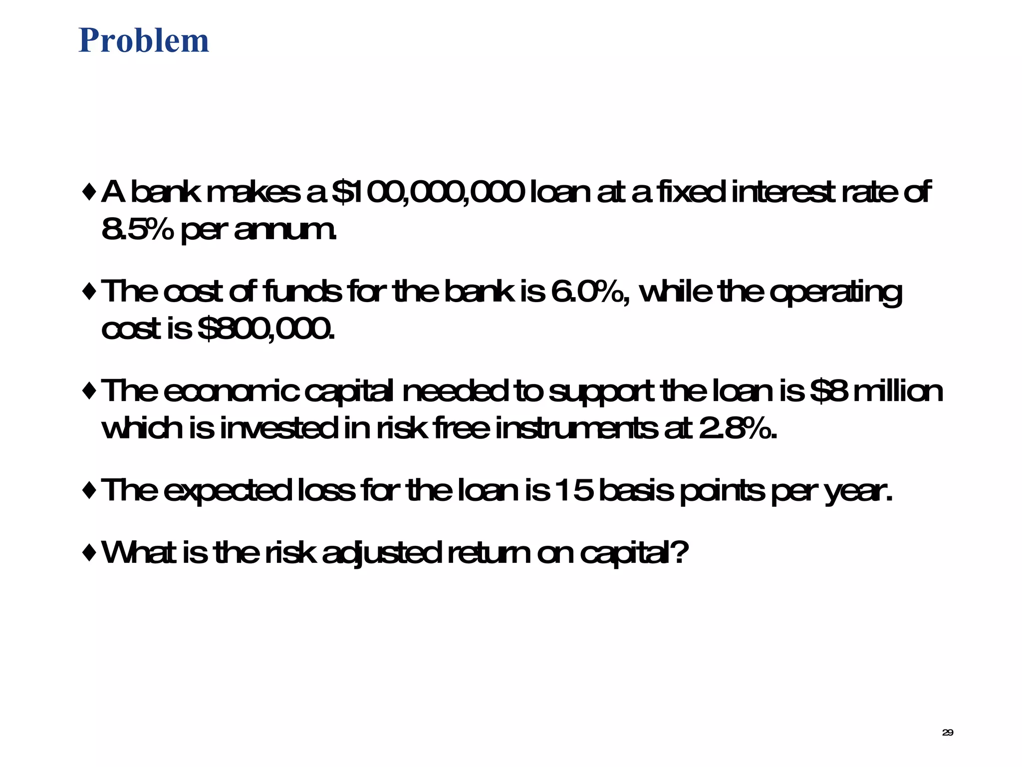 Problem  A bank makes a $100,000,000 loan at a fixed interest rate of 8.5% per annum.  The cost of funds for the bank is 6.0%, while the operating cost is $800,000.  The economic capital needed to support the loan is $8 million which is invested in risk free instruments at 2.8%.  The expected loss for the loan is 15 basis points per year.  What is the risk adjusted return on capital? 
