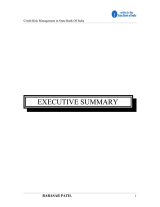 Credit Risk Management in State Bank Of India




          EXECUTIVE SUMMARY




              BABASAB PATIL                     1
 