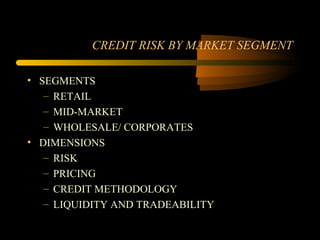 CREDIT RISK BY MARKET SEGMENT

• SEGMENTS
   – RETAIL
   – MID-MARKET
   – WHOLESALE/ CORPORATES
• DIMENSIONS
   – RISK
   – PRICING
   – CREDIT METHODOLOGY
   – LIQUIDITY AND TRADEABILITY
 