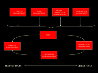 CAPITAL       RISK              PRODUCT/    TECHNOLOGY
                                       KNOWLEDGE
      MANAGEMENT   MANAGEMENT                       MANAGEMENT
                                       MANAGEMENT




                                RISK




                                                      ORIGINATION/
  PRODUCT
                                                      DISTRIBUTION
MANUFACTURE



                            PROCESSING/
                          ADMINISTRATION




PRODUCT FOCUS                                        CLIENT FOCUS
 