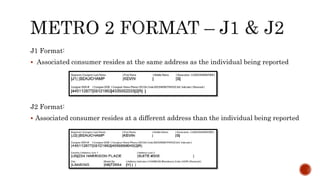 J1 Format:
 Associated consumer resides at the same address as the individual being reported
J2 Format:
 Associated consumer resides at a different address than the individual being reported
 