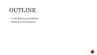  Credit Risk Analysis Method
 Working of Credit Bureau
 
