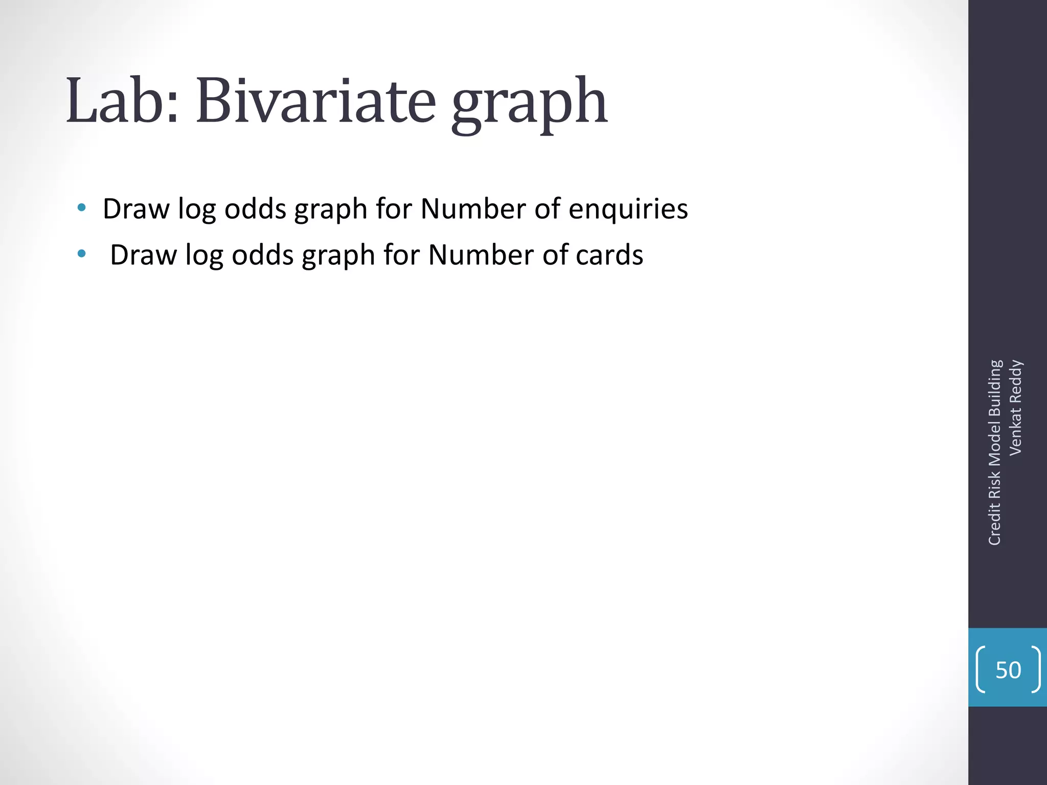 Lab: Bivariate graph
• Draw log odds graph for Number of enquiries
• Draw log odds graph for Number of cards
CreditRiskModelBuilding
VenkatReddy
50
 
