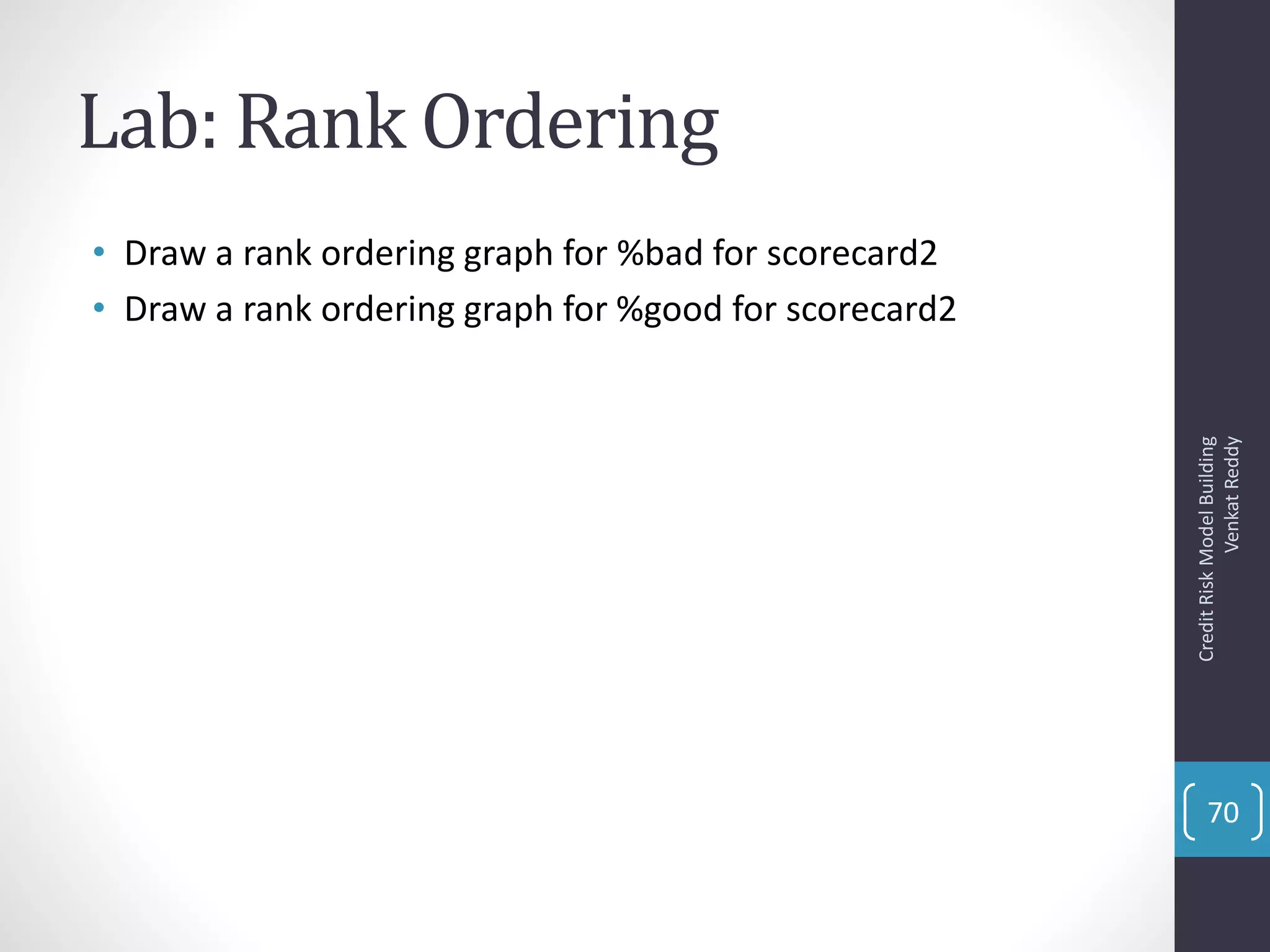 Lab: Rank Ordering
• Draw a rank ordering graph for %bad for scorecard2
• Draw a rank ordering graph for %good for scorecard2
CreditRiskModelBuilding
VenkatReddy
70
 