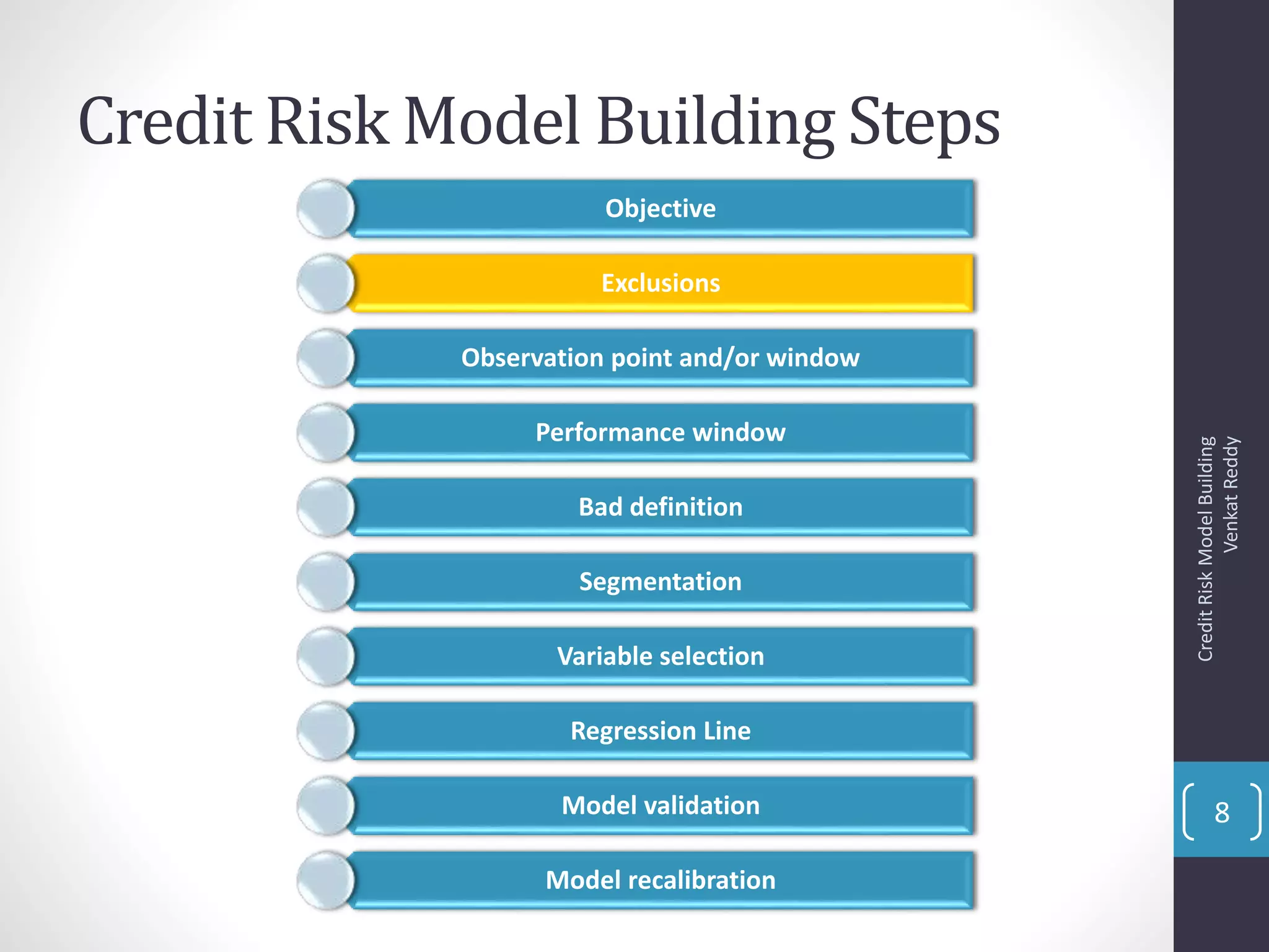 Credit Risk Model Building Steps
Objective
Exclusions
Observation point and/or window
Performance window
Bad definition
Segmentation
Variable selection
Regression Line
Model validation
Model recalibration
CreditRiskModelBuilding
VenkatReddy
8
 