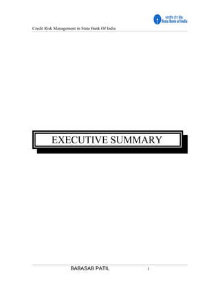 Credit Risk Management in State Bank Of India




          EXECUTIVE SUMMARY




                    BABASAB PATIL               1
 