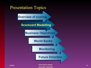 Presentation Topics Overview of scoring Business Objectives World Banks Monitoring Future Direction Scorecard Modelling 