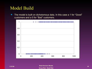 Model Build The model is built on dichotomous data. In this case a 1 for “Good” customers and a 0 for “Bad” customers. 