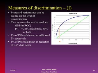 Measures of discrimination – (I) Scorecard performance can be judged on the level of discrimination Two measure that can be used are: Gini (or ROC) PH  - % of Goods below 50% of bads 1% of PH could mean an additional 3% approvals 1% of PH could mean an reduction of 0.2% bad debts Gini=0.62% 