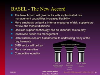 BASEL - The New Accord The New Accord will give banks with sophisticated risk management capabilities increased flexibility More emphasis on bank’s internal measures of risk, supervisory review and market discipline Decision support technology has an important role to play Incentivise better risk management  Data warehouses are fundamental to addressing many of the requirements SMB sector will be key  More risk sensitive Competitive equality Paul%20Russell%2013a[1] The New Basel Capital Accord Pillar 1 : Minimum capital requirement Pillar 2 : Supervisory review process Pillar 3 : Market  discipline 