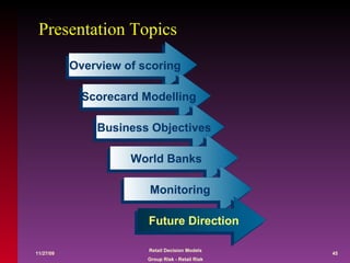 Presentation Topics Overview of scoring Scorecard Modelling Business Objectives World Banks Monitoring Future Direction 
