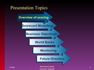 Presentation Topics Scorecard Modelling Business Objectives World Banks Monitoring Future Direction Overview of scoring 