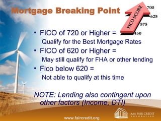 Mortgage Breaking Point
• FICO of 720 or Higher =
Qualify for the Best Mortgage Rates
• FICO of 620 or Higher =
May still qualify for FHA or other lending
• Fico below 620 =
Not able to qualify at this time
NOTE: Lending also contingent upon
other factors (Income, DTI)
www.faircredit.org
 