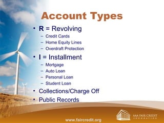 Account Types
• R = Revolving
– Credit Cards
– Home Equity Lines
– Overdraft Protection
• I = Installment
– Mortgage
– Auto Loan
– Personal Loan
– Student Loan
• Collections/Charge Off
• Public Records
www.faircredit.org
 