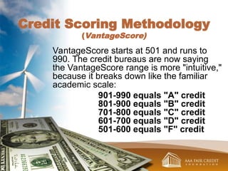 Credit Scoring Methodology
(VantageScore)
VantageScore starts at 501 and runs to
990. The credit bureaus are now saying
the VantageScore range is more "intuitive,"
because it breaks down like the familiar
academic scale:
901-990 equals "A" credit
801-900 equals "B" credit
701-800 equals "C" credit
601-700 equals "D" credit
501-600 equals "F" credit
 