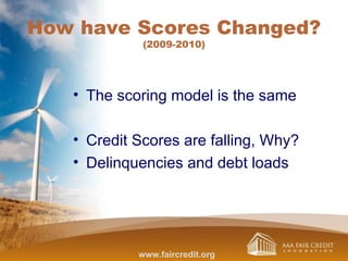 How have Scores Changed?
(2009-2010)
• The scoring model is the same
• Credit Scores are falling, Why?
• Delinquencies and debt loads
www.faircredit.org
 