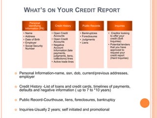 WHAT’S ON YOUR CREDIT REPORT
 Personal Information-name, ssn, dob, current/previous addresses,
employer
 Credit History -List of loans and credit cards, timelines of payments,
defaults and negative information ( up to 7 to *10 years)
 Public Record-Courthouse, liens, foreclosures, bankruptcy
 Inquiries-Usually 2 years; self initiated and promotional
Personal
Identifying
Information (PII)
• Name
• Address
• Date of Birth
• Employer
• Social Security
Number
Credit History
• Open Credit
Accounts
• Open Credit
Accounts
• Negative
Account
Information (late
payments,
judgments, liens,
collections) lines
• Active trade lines
Public Records
• Bankruptcies
• Foreclosures
• Judgments
• Liens
Inquiries
• Creditor looking
to offer your
credit (Soft
Inquiries)
• Potential lenders
that you have
approved to
request your
credit report
(Hard Inquiries)
 