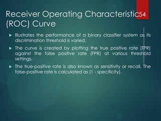 Receiver Operating Characteristic
(ROC) Curve
 Illustrates the performance of a binary classifier system as its
discrimination threshold is varied.
 The curve is created by plotting the true positive rate (TPR)
against the false positive rate (FPR) at various threshold
settings.
 The true-positive rate is also known as sensitivity or recall. The
false-positive rate is calculated as (1 - specificity).
54
 
