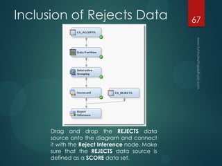 Inclusion of Rejects Data
Drag and drop the REJECTS data
source onto the diagram and connect
it with the Reject Inference node. Make
sure that the REJECTS data source is
defined as a SCORE data set.
67
 