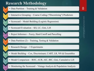 Research Methodology
Step 1
• Data Partition – Training & Validation
Step 2
• Interactive Grouping – Coarse Coding (“Discretizing”) Predictors
Step 3
• Scorecard – Model Building (Logistic Regression)
Step 4
• Scorecard Evaluation – KS, LC, Gini, Lift
Step 5
• Reject Inference – Fuzzy, Hard Cutoff and Parcelling
Step 6
• Data Partition (2) – Training, Testing & Validation
Step 7
• Research Design – 3 Experiments
Step 8
• Model Building – Cox, Discriminant, CART, LR, NN & Ensembles
Step 9
• Model Comparison – ROC, AUR, AIC, BIC, Gini, Cumulative Lift
Step 10
• Monitoring the Scorecard – Vintage Analysis & Population Analysis
8
 