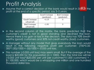 Profit Analysis
 Assume that a correct decision of the bank would result in 35% of the
profit at the end of a specific period, say 3–5 years.
 In the second column of the matrix, the bank predicted that the
customer’s credit is not in good standing and declined the loan.
Hence there is no gain or loss in the decision. The data has 70% credit-
worthy (good) customers and 30% not-credit-worthy (bad) customers.
 A manager without any model that gives everybody the loan would
result in the following negative profit per customer: (700*0.35-
300*1.00)/1000 = -55/1000 = -0.055 unit loss.
 This number (-0.055 unit loss) may seem small. But if the average of the
load is $20,000 for this population (n = 1000), then the total loss will be
(-0.055 unit loss)*($20,000 per unit per customer)*(1,000 customers) = -
$1,100,000, which would be a whopping one million and one hundred
thousand dollar loss.
93
 