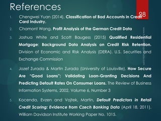References
1. Chengwei Yuan (2014), Classification of Bad Accounts in Credit
Card Industry.
2. Chamont Wang, Profit Analysis of the German Credit Data
3. Joshua White and Scott Baugess (2015) Qualified Residential
Mortgage: Background Data Analysis on Credit Risk Retention.
Division of Economic and Risk Analysis (DERA). U.S. Securities and
Exchange Commission
4. Jozef Zurada & Martin Zurada (University of Louisville). How Secure
Are “Good Loans”: Validating Loan-Granting Decisions And
Predicting Default Rates On Consumer Loans. The Review of Business
Information Systems, 2002, Volume 6, Number 3
5. Kocenda, Evzen and Vojtek, Martin, Default Predictors in Retail
Credit Scoring: Evidence from Czech Banking Data (April 18, 2011).
William Davidson Institute Working Paper No. 1015.
98
 