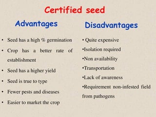 Advantages
• Seed has a high % germination
• Crop has a better rate of
establishment
• Seed has a higher yield
• Seed is true to type
• Fewer pests and diseases
• Easier to market the crop
• Quite expensive
•Isolation required
•Non availability
•Transportation
•Lack of awareness
•Requirement non-infested field
from pathogens
Disadvantages
Certified seed
 