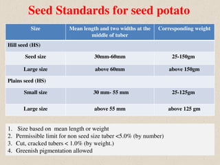 Seed Standards for seed potato
Size Mean length and two widths at the
middle of tuber
Corresponding weight
Hill seed (HS)
Seed size 30mm-60mm 25-150gm
Large size above 60mm above 150gm
Plains seed (HS)
Small size 30 mm- 55 mm 25-125gm
Large size above 55 mm above 125 gm
1. Size based on mean length or weight
2. Permissible limit for non seed size tuber <5.0% (by number)
3. Cut, cracked tubers < 1.0% (by weight.)
4. Greenish pigmentation allowed
 
