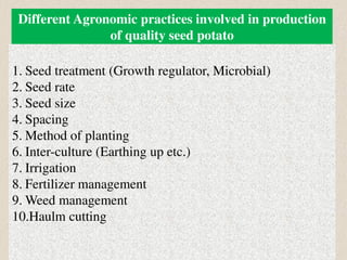 Different Agronomic practices involved in production
of quality seed potato
1. Seed treatment (Growth regulator, Microbial)
2. Seed rate
3. Seed size
4. Spacing
5. Method of planting
6. Inter-culture (Earthing up etc.)
7. Irrigation
8. Fertilizer management
9. Weed management
10.Haulm cutting
 